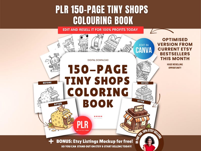 150-page coloring book about little shops PLR & MRR